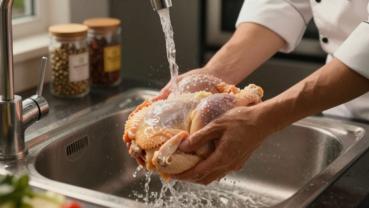Chef rinsing chicken under cold water in a stainless steel sink.