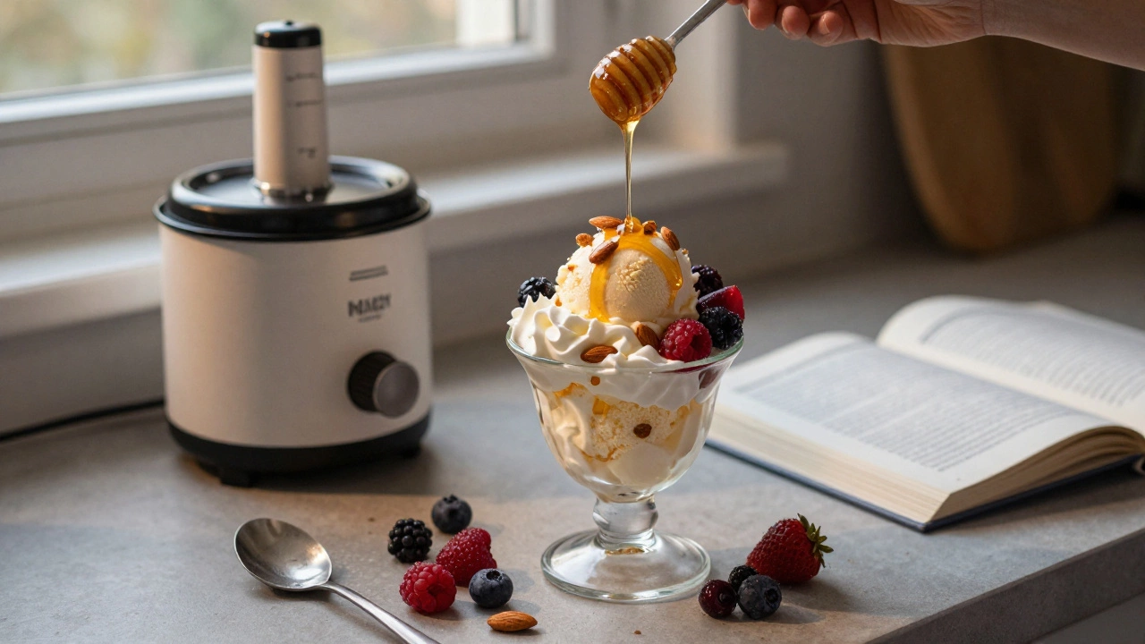 Homemade ice cream sundae with berries, almonds, and whipped cream on a kitchen counter at dusk.