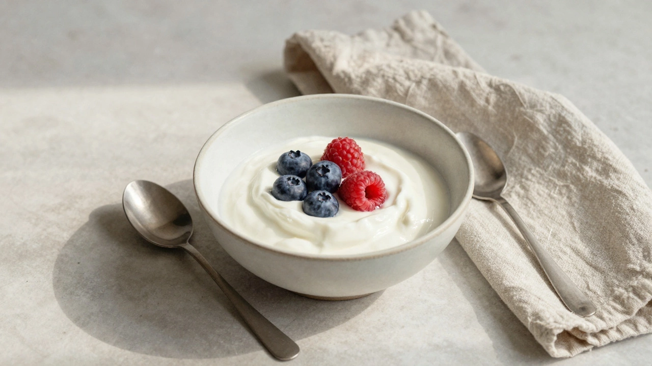 Plain Greek yogurt with fresh berries in a ceramic bowl, spoon beside it, soft sunlight.