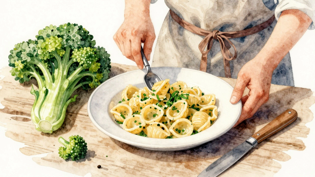 Puglian orecchiette with broccoli rabe on rustic table