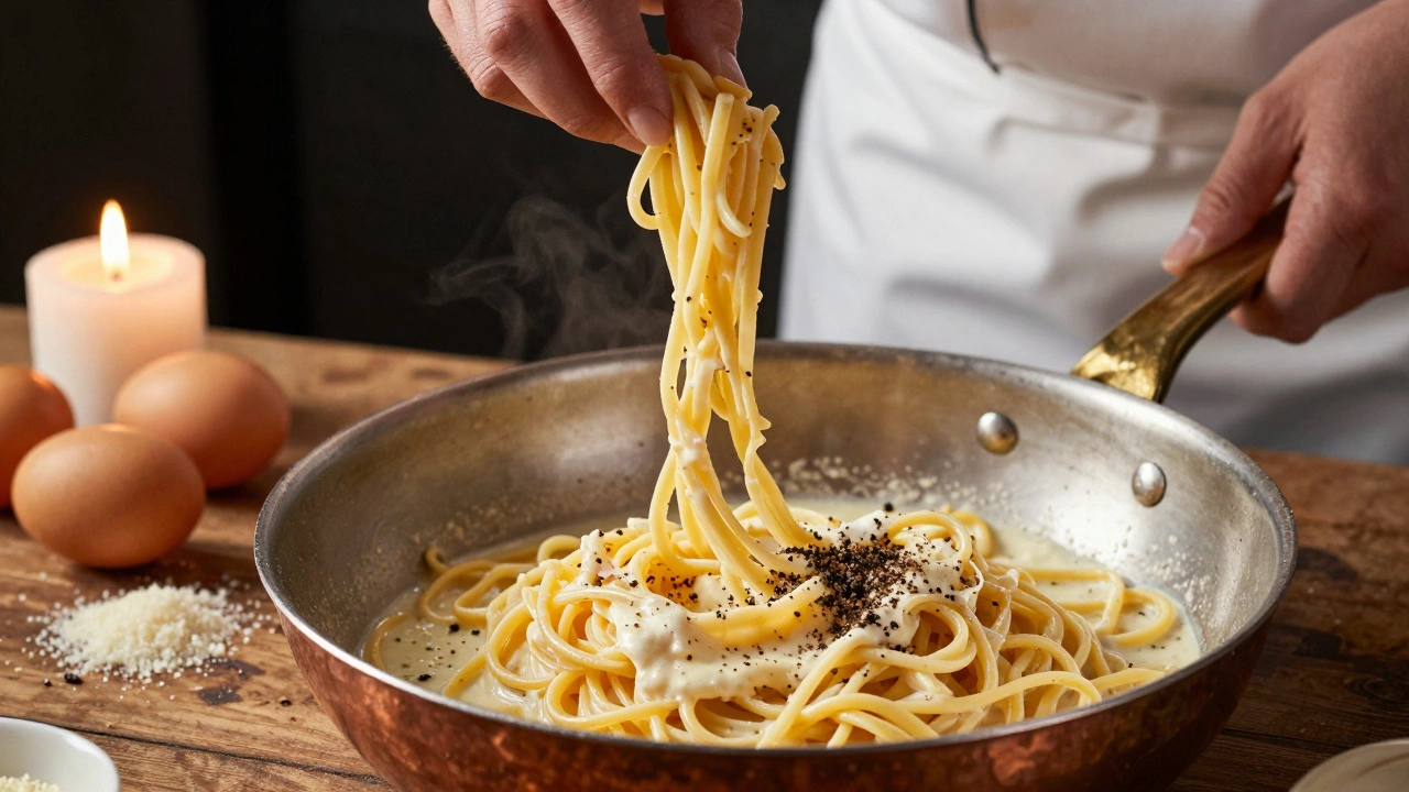 Roman chef preparing authentic carbonara with guanciale and Pecorino
