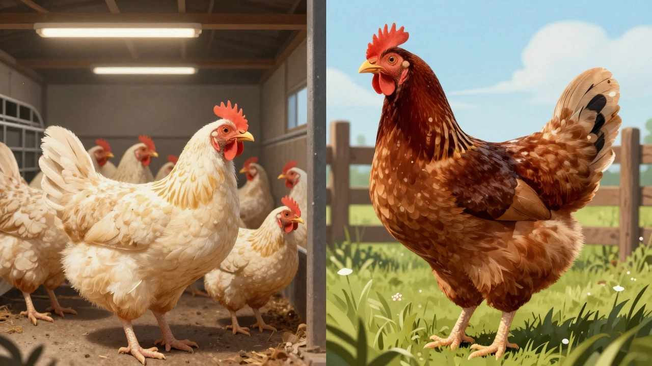 Side-by-side comparison: a factory-farmed chicken in a barren barn versus a heritage breed in a natural pasture.