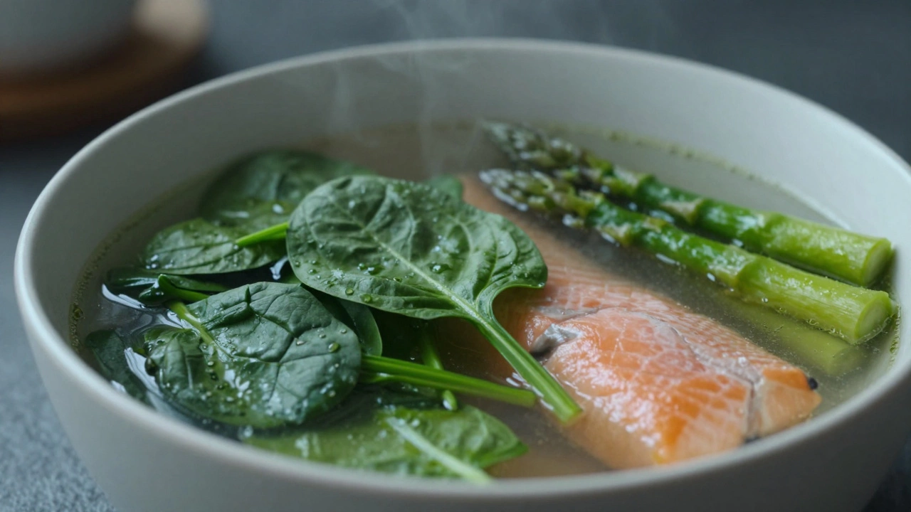 Warm vegetable broth with spinach and steamed salmon on a quiet morning table.