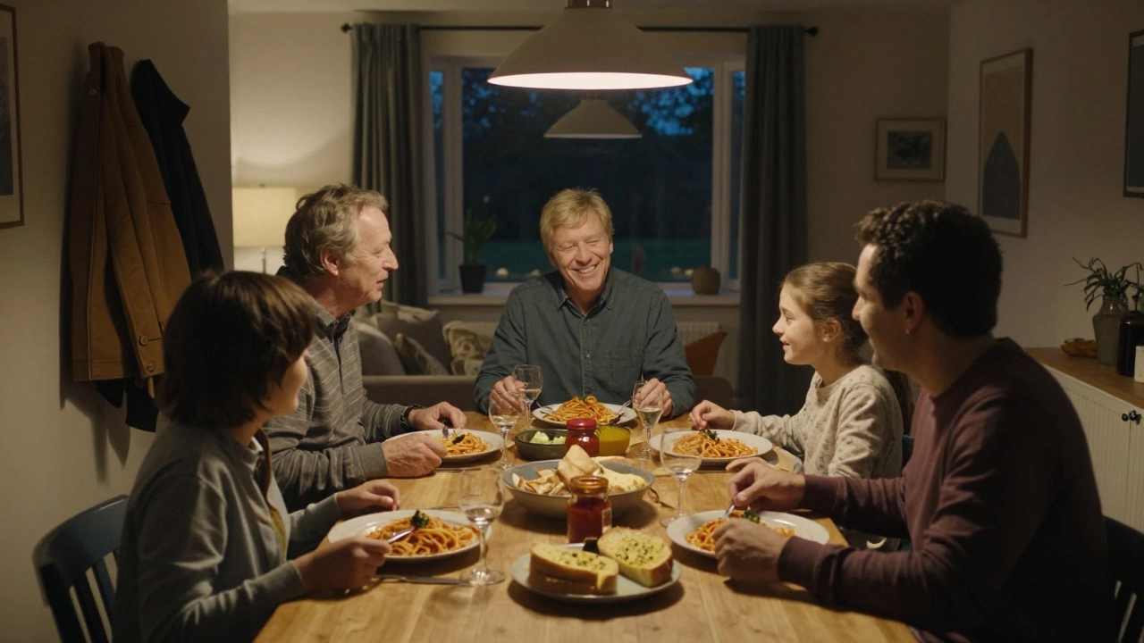 A family having dinner together with spaghetti and garlic bread, no screens, warm light.