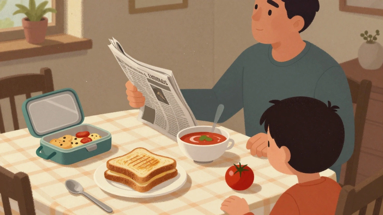 A family sharing a simple lunch of grilled cheese and tomato soup at a home table.