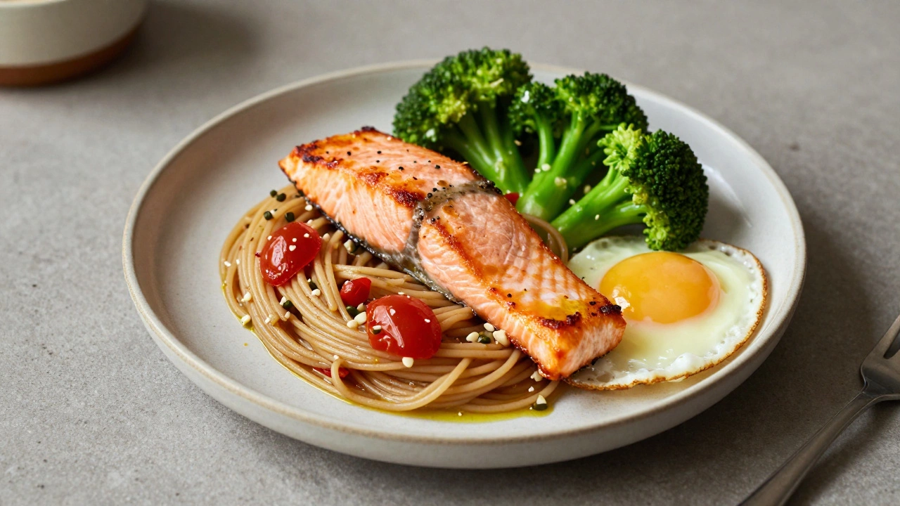 A plate of whole grain pasta with salmon, broccoli, and a fried egg, arranged for a simple dinner.