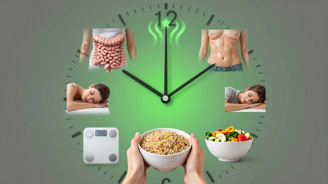 A seven-segment clock showing bodily changes during a meat-free week, fading from gray to green as renewal unfolds.
