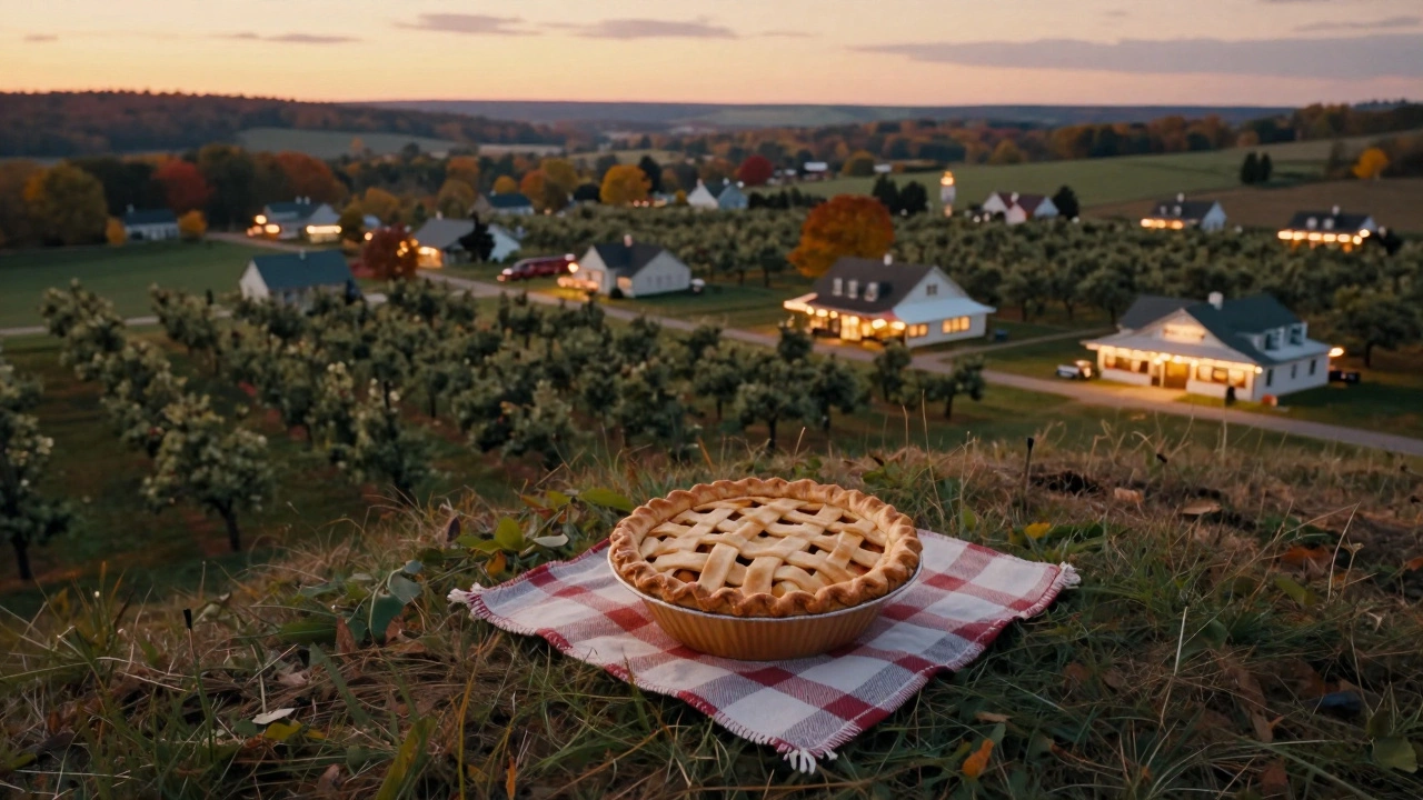 Aerial view of American orchards at dusk with a single apple pie at the center on a picnic blanket.