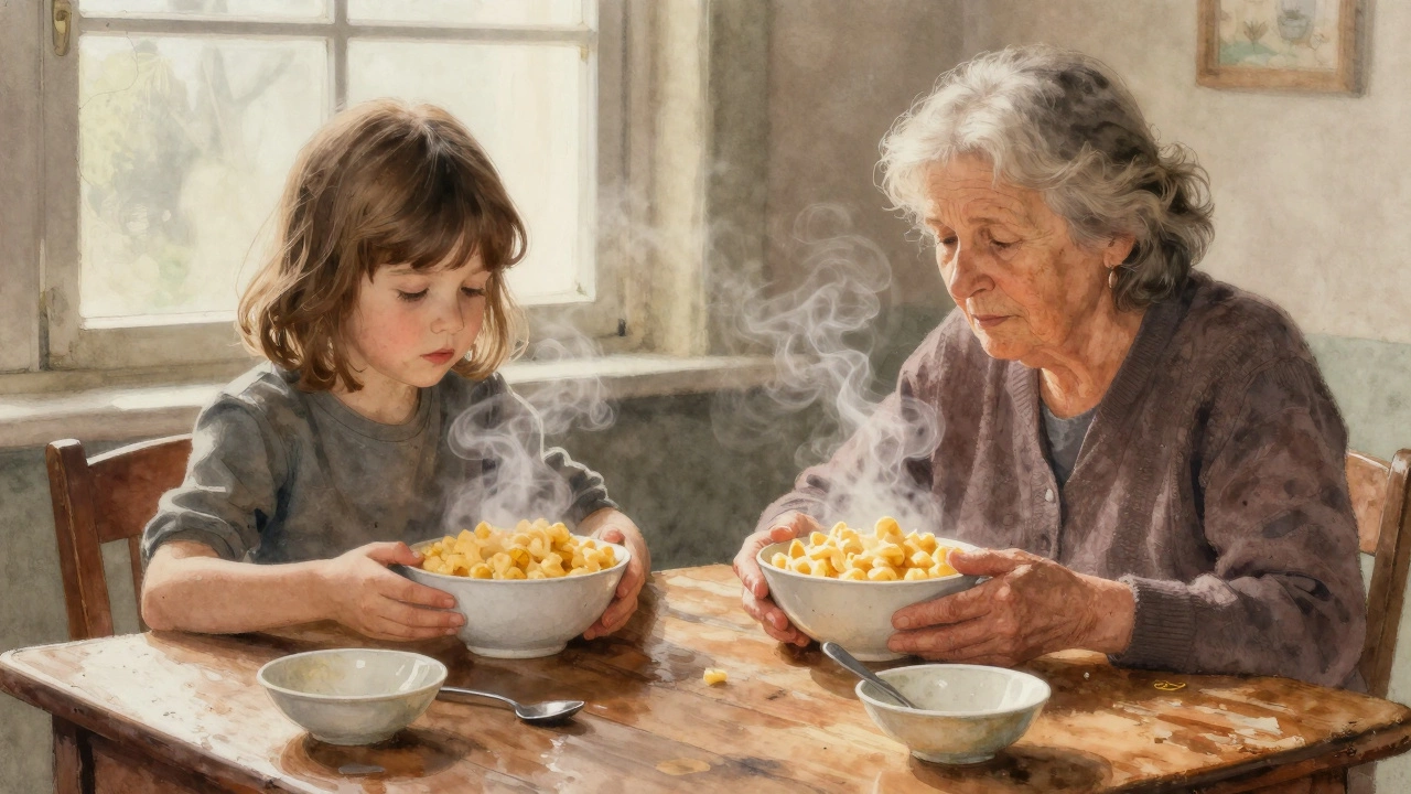 An elderly woman and child eating mac and cheese together at a wooden table, steam rising from their bowls.