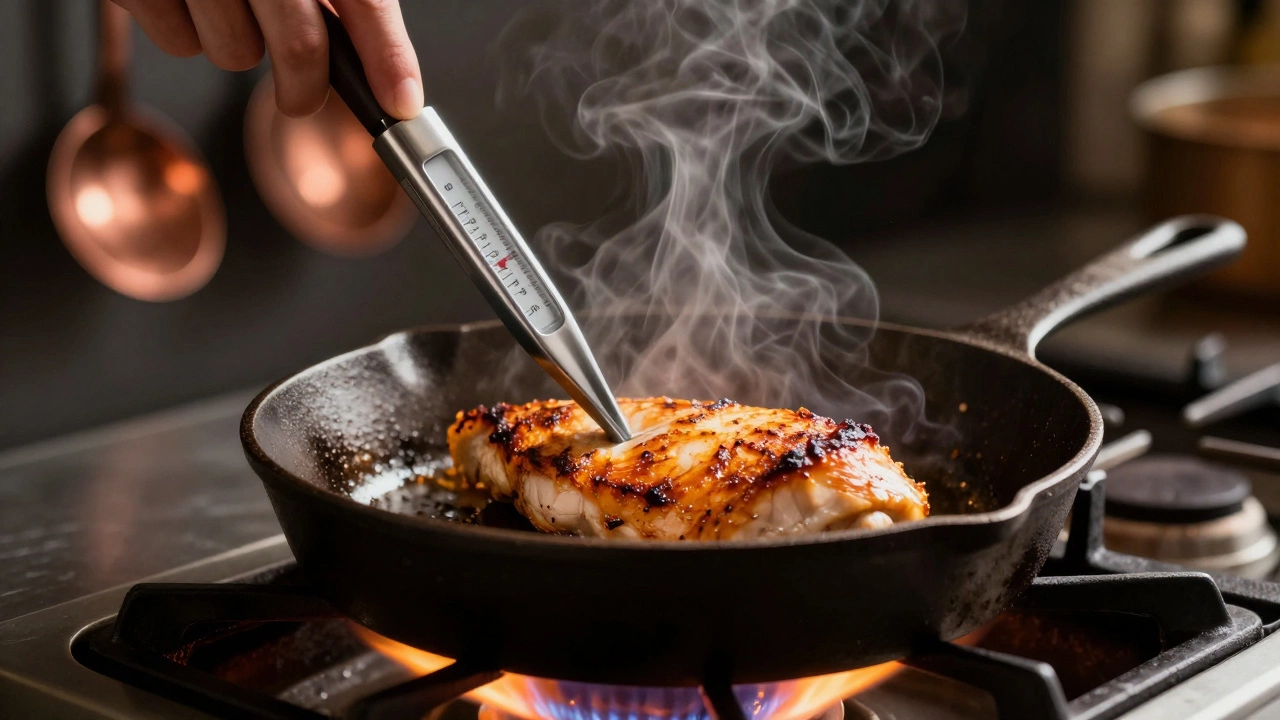Chef inserting a thermometer into a searing chicken breast in a cast iron skillet.