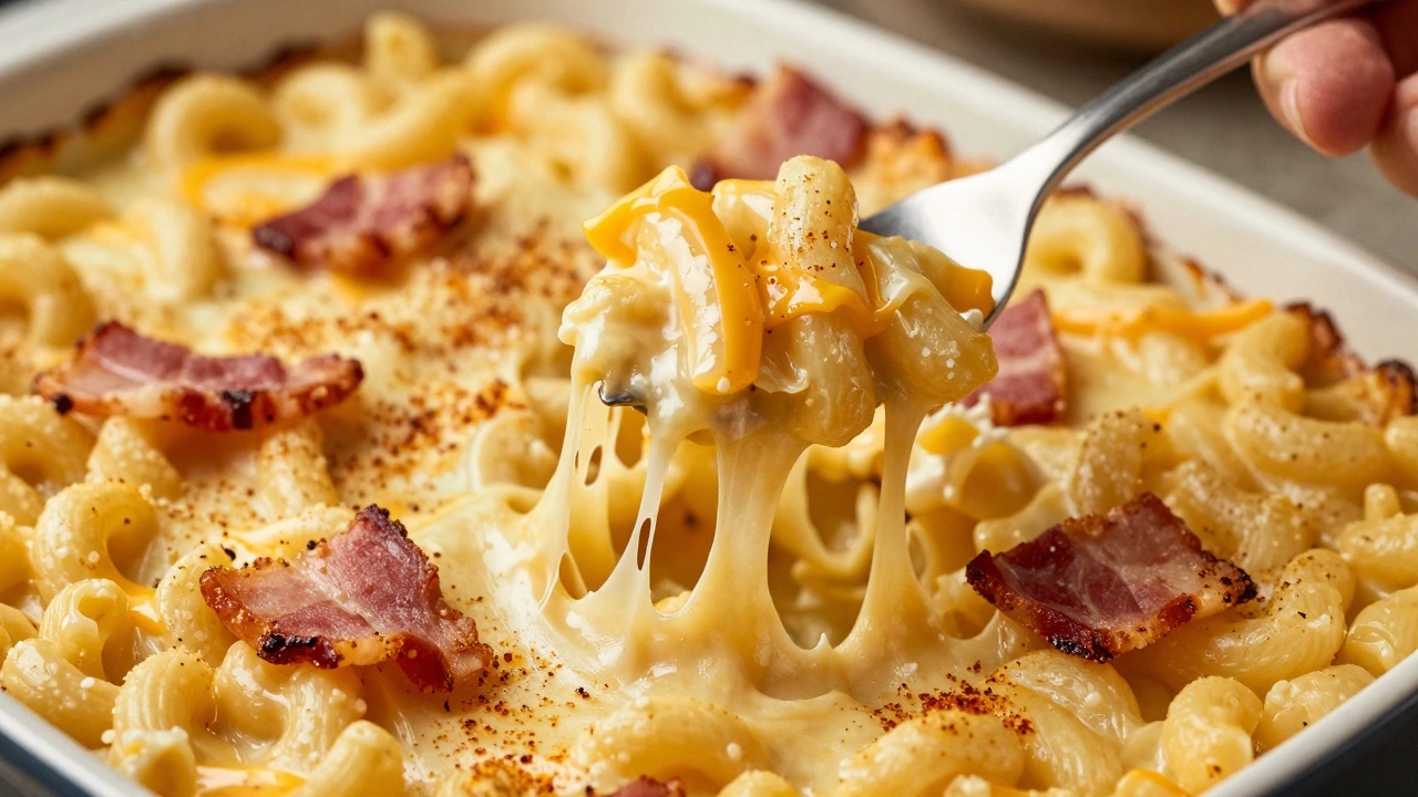 Close-up of creamy mac and cheese being scooped, with stretchy cheese strands and crispy breadcrumb topping.