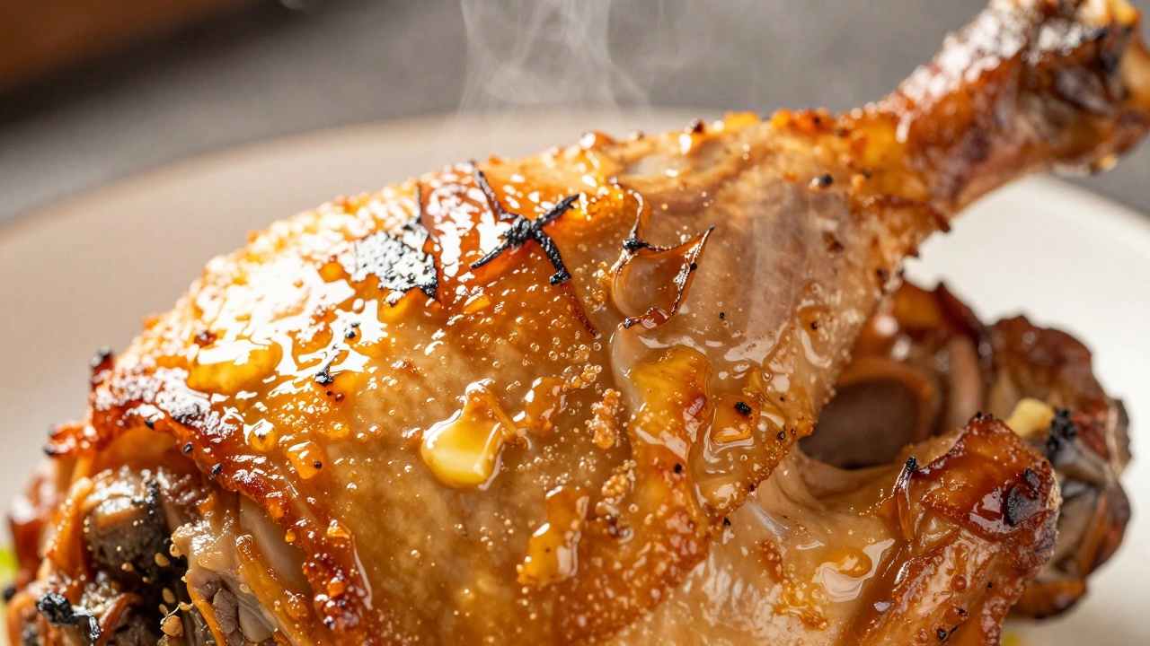 Crispy golden brown roasted chicken thighs with steam rising