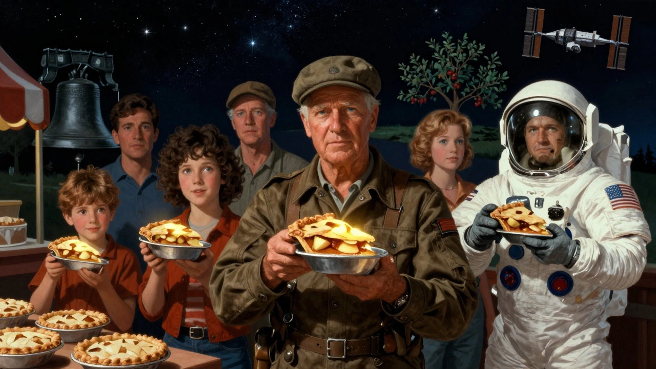 Diverse Americans holding apple pie slices under a starry sky with iconic landmarks in the distance.