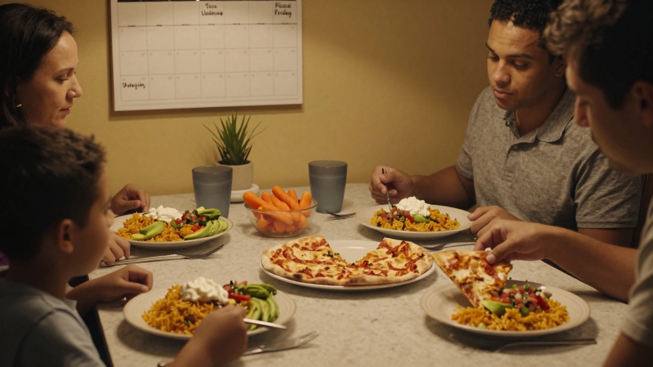 Family sharing rice bowls and cold pizza with carrots on the side.