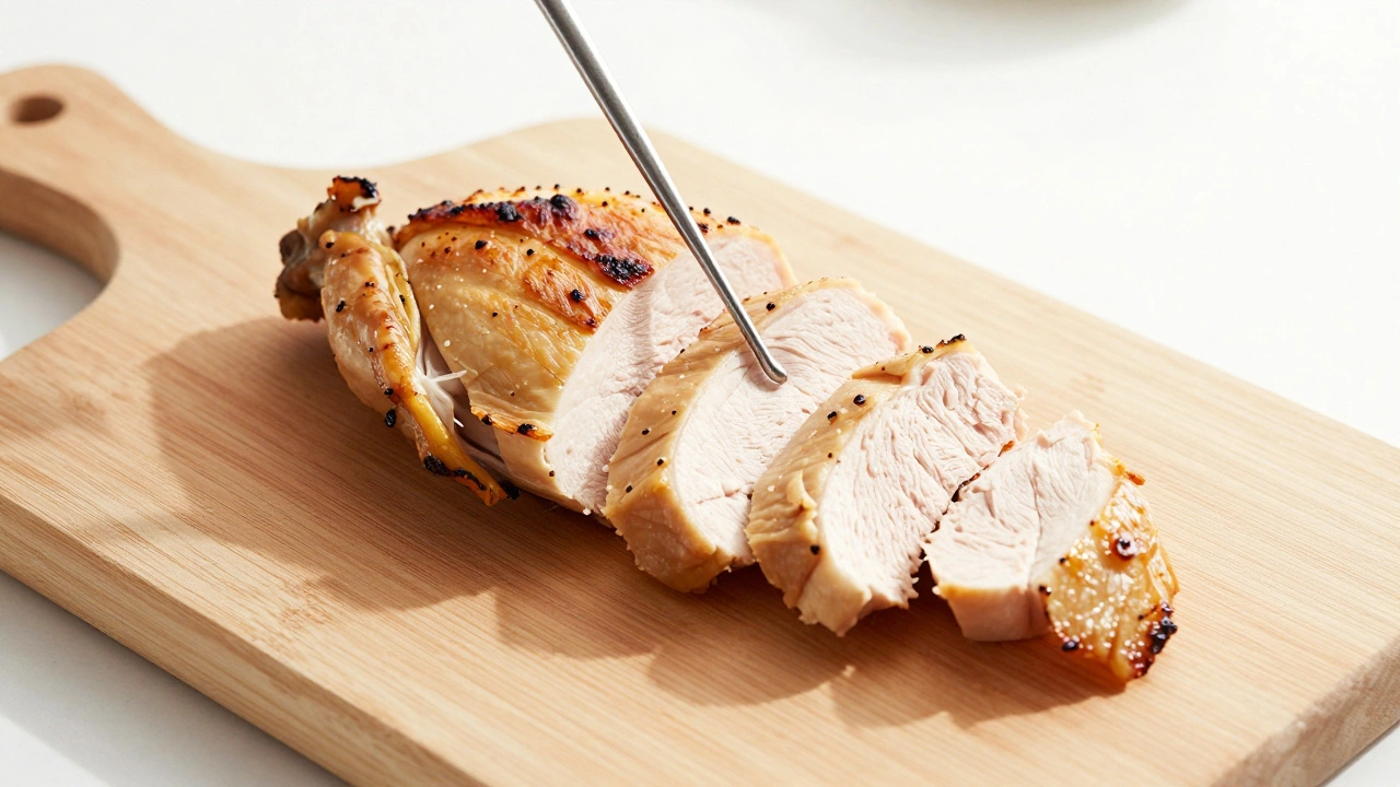 Juicy sliced chicken breast with metal meat thermometer probe