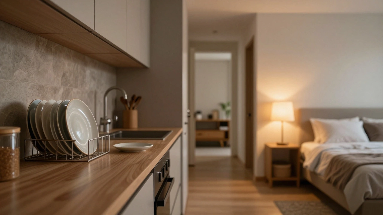 Kitchen clearing and bedroom view showing transition from eating to rest