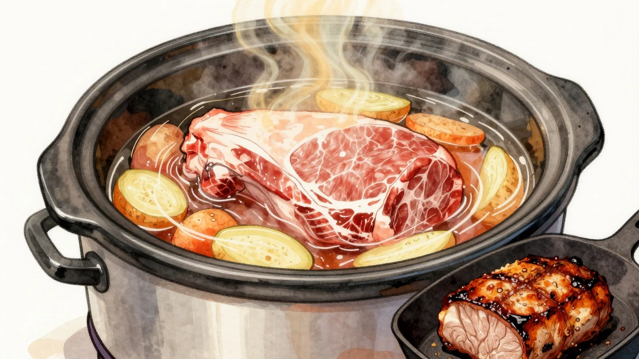 Layered slow cooker interior showing pork shoulder and vegetables simmering in broth.