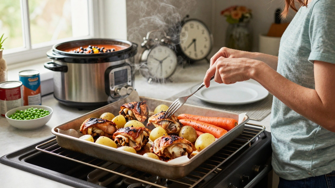 Roasted chicken and potatoes on a sheet pan with slow cooker in background.