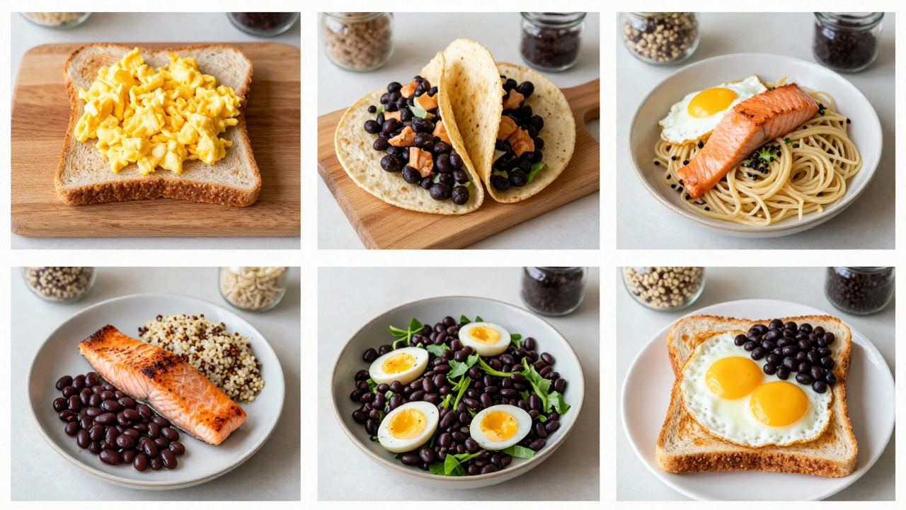 Seven simple weekly dinners made with just eggs, black beans, whole grain pasta, and salmon.
