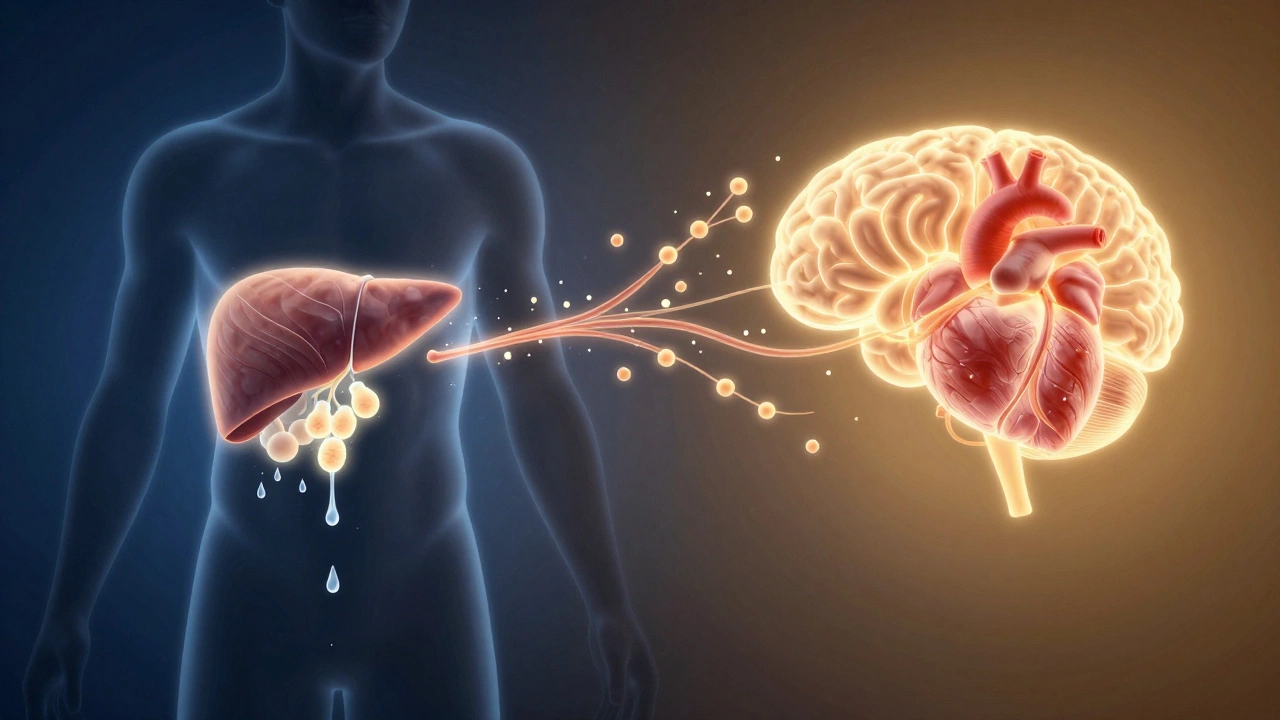 Silhouetted human body showing glycogen draining on one side and ketones powering brain and heart on the other.