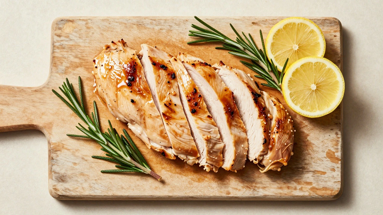 Sliced juicy chicken breast on a wooden board with rosemary garnish and pooling juices.