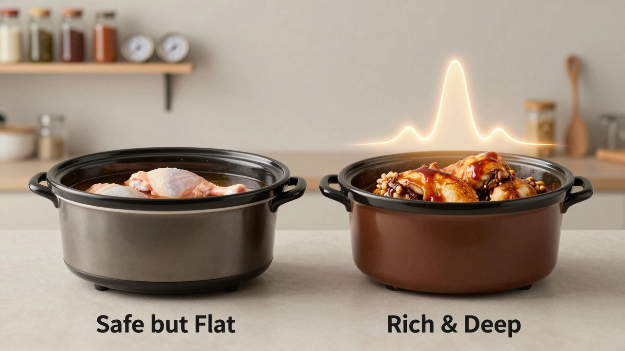 Two slow cookers side by side, comparing raw versus browned meat results.