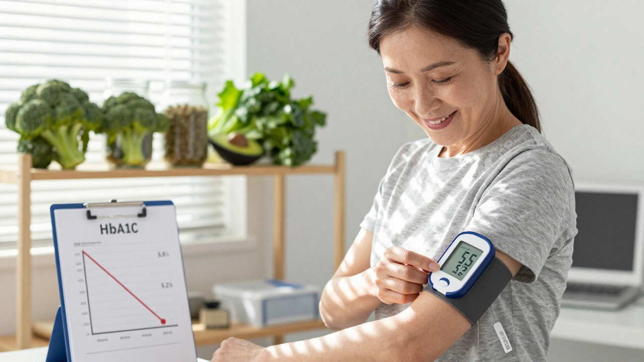 Woman smiling at a glucose monitor in a sunlit clinic, with low-carb vegetables visible in the background.