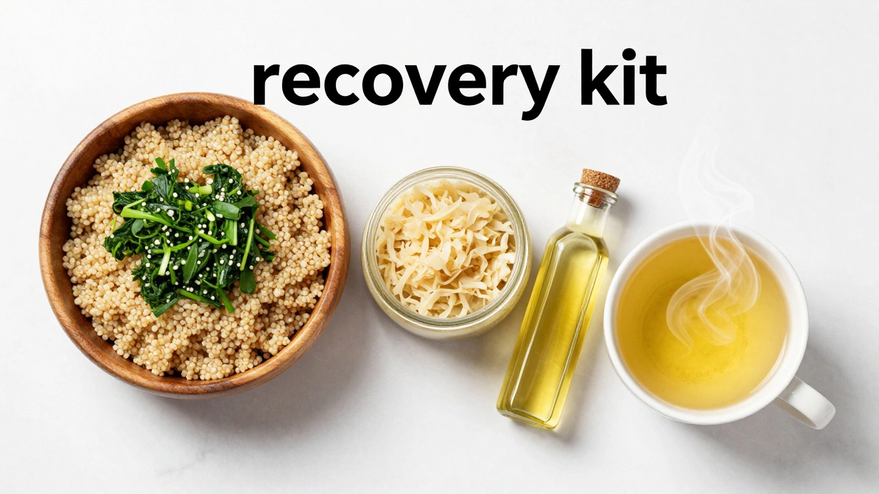A collection of gluten-free recovery foods including quinoa, sauerkraut, and ginger tea.