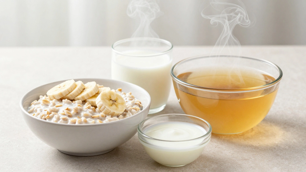 A collection of soothing foods including oatmeal with bananas, kefir, and bone broth.