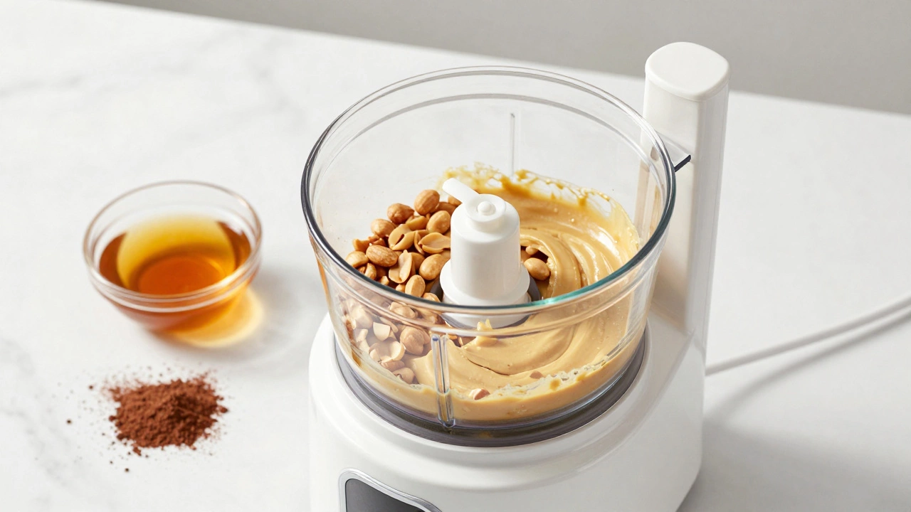 A food processor blending roasted peanuts into smooth, homemade vegan peanut butter.