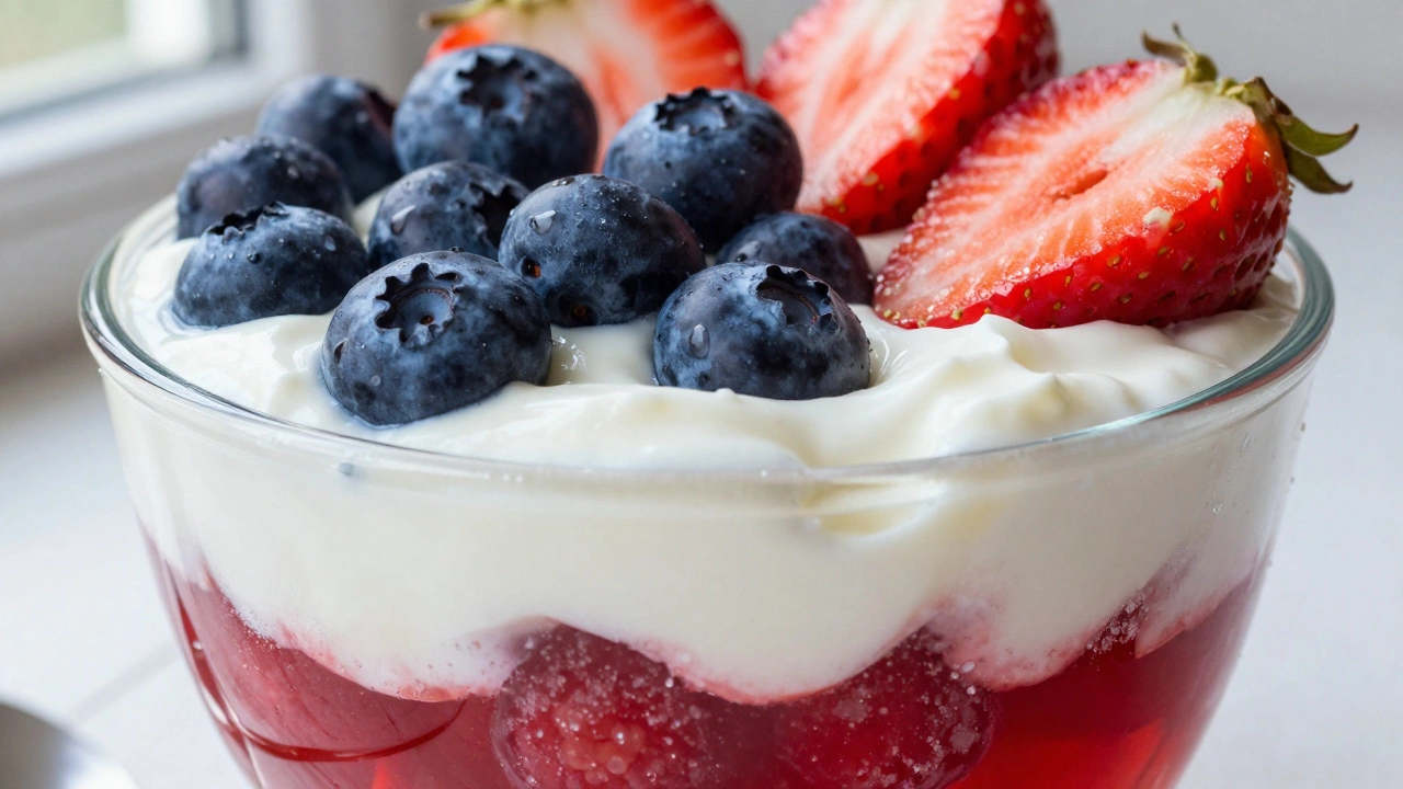 A healthy dessert parfait with sugar-free gelatin, Greek yogurt, and fresh berries