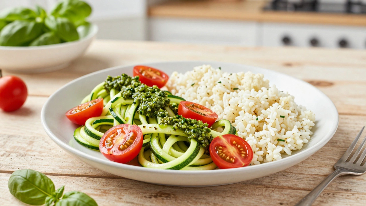 A healthy meal of zucchini noodles and cauliflower rice on a rustic wooden table