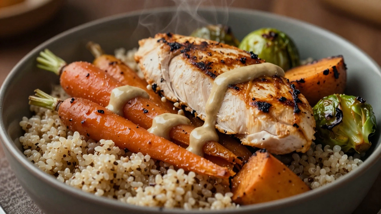 A hearty quinoa bowl with roasted carrots, sweet potatoes, Brussels sprouts, and grilled chicken.