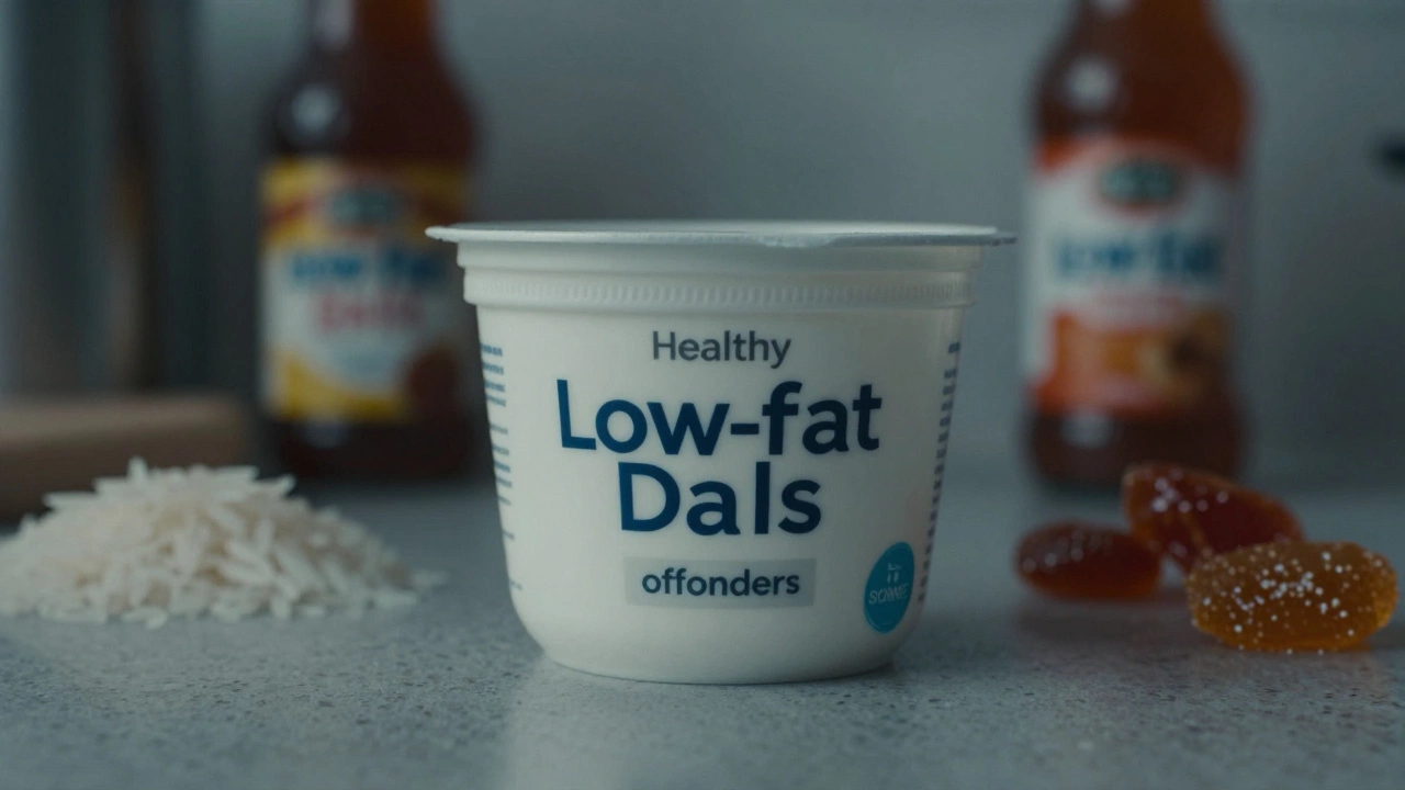 A low-fat yogurt container surrounded by refined white rice and sugary sauces