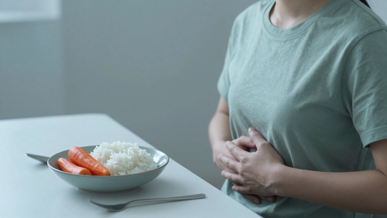 A person practicing mindful breathing while sitting at a table with a healthy, simple meal.
