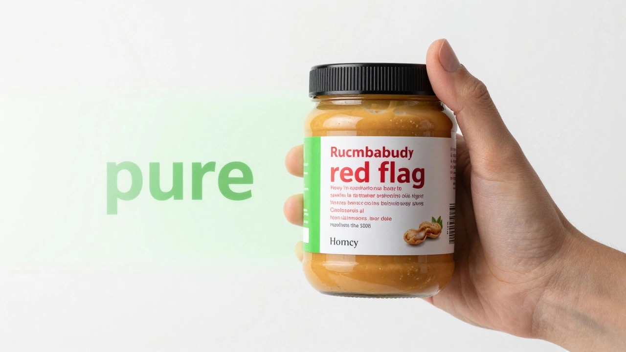 Close-up of a person checking the ingredient label on a peanut butter jar.