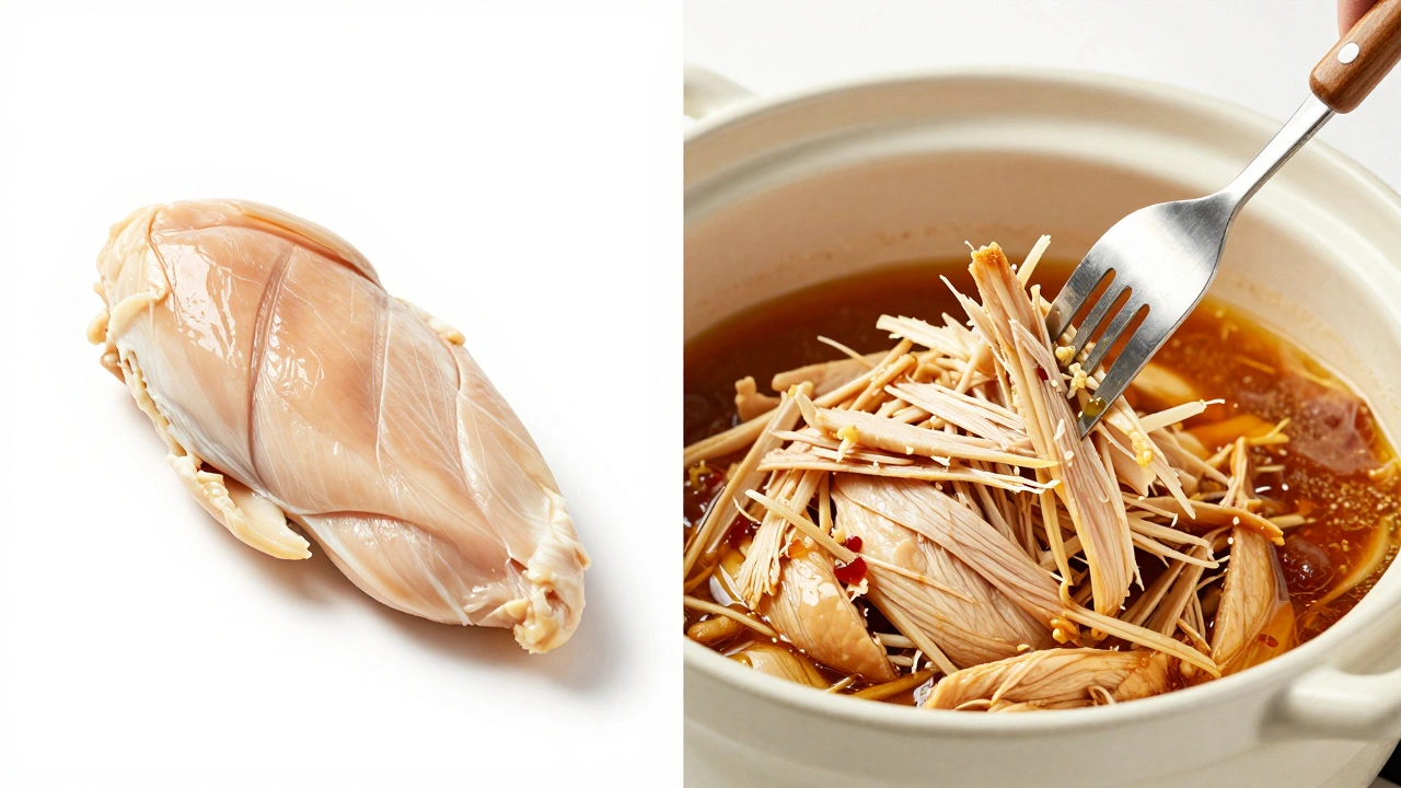 Comparison of dry overcooked chicken and shredded chicken being mixed with sauce