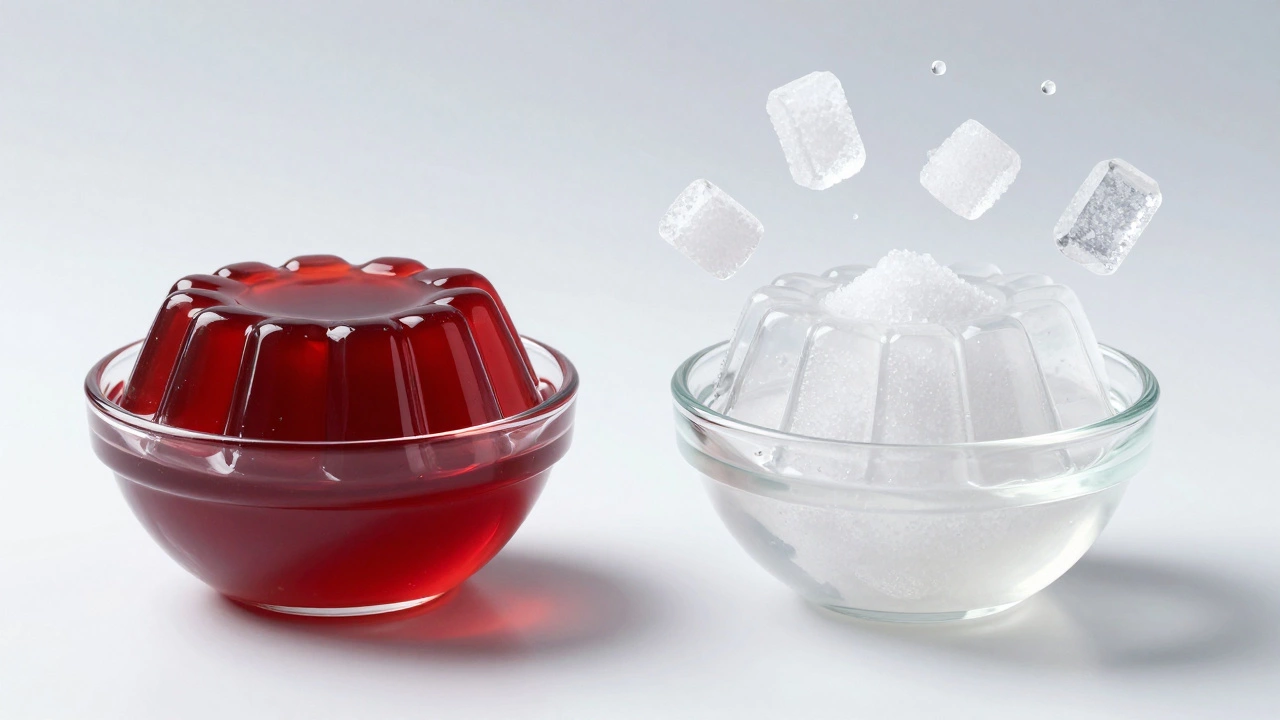 Comparison of regular and sugar-free gelatin bowls on a neutral background