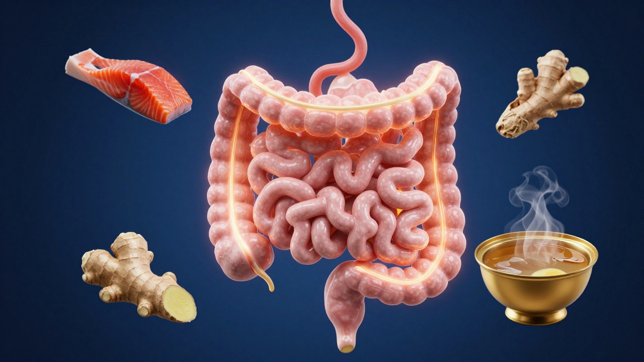 Conceptual 3D render of a healing intestine with anti-inflammatory foods.