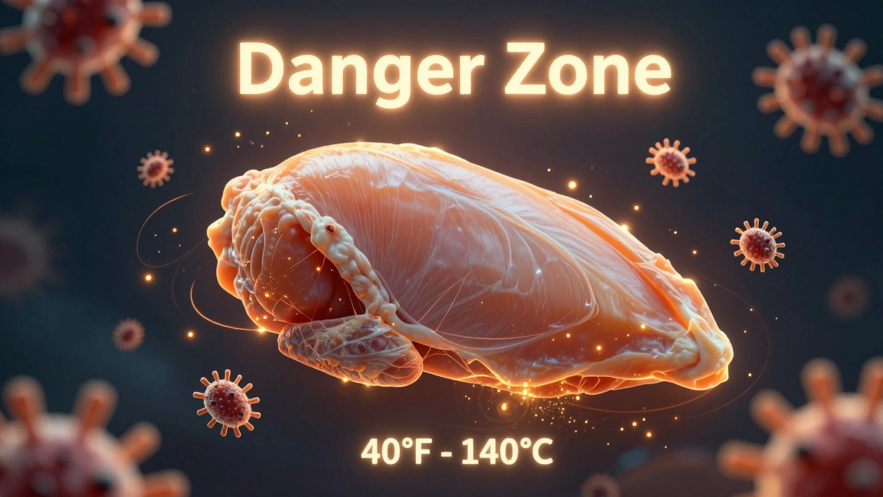 Conceptual image of raw chicken surrounded by a glowing amber danger zone aura