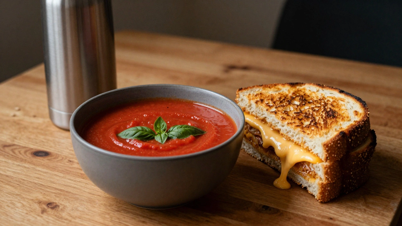 Creamy tomato basil soup paired with a toasted grilled cheese sandwich on a wooden desk.