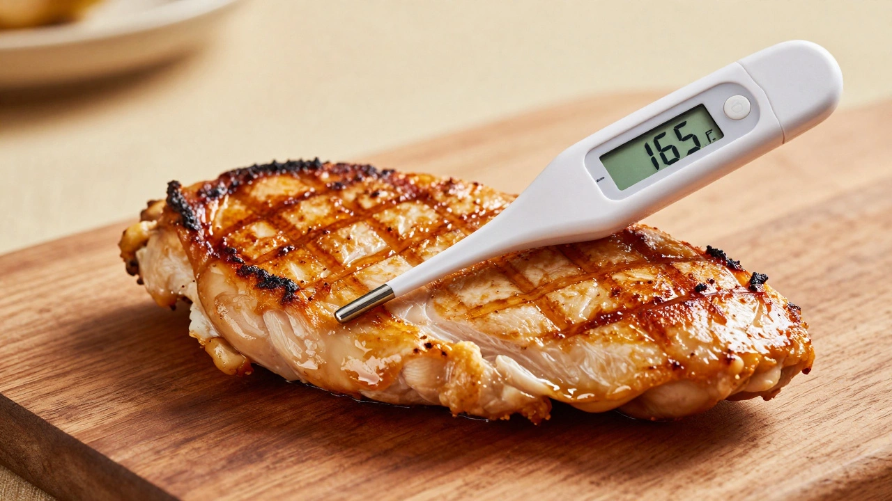 Digital meat thermometer checking a cooked chicken breast for a safe temperature