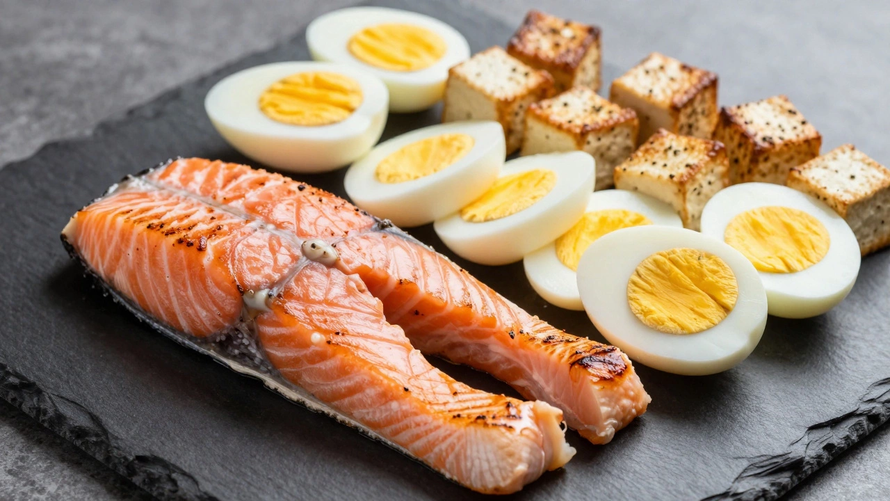 Platter of lean proteins including salmon, boiled eggs, and sautéed tofu
