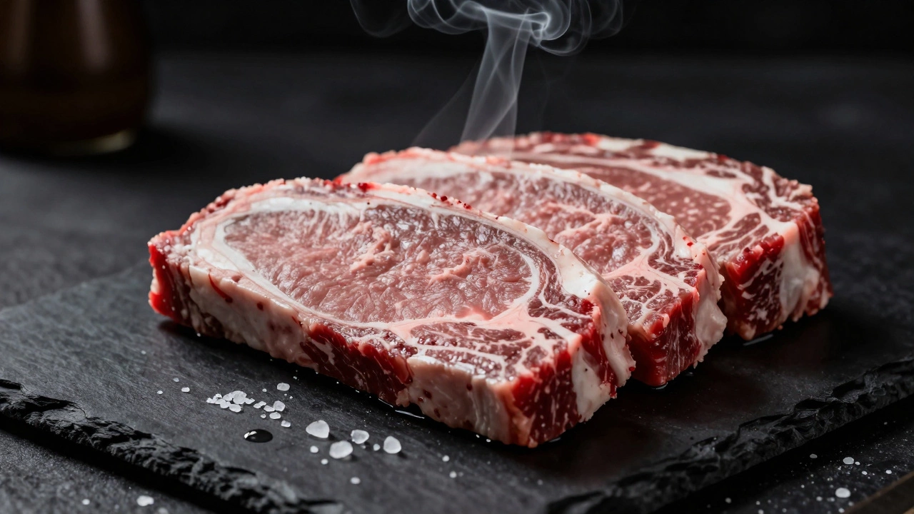 Sliced beef brisket with a pink smoke ring on a dark slate carving board.