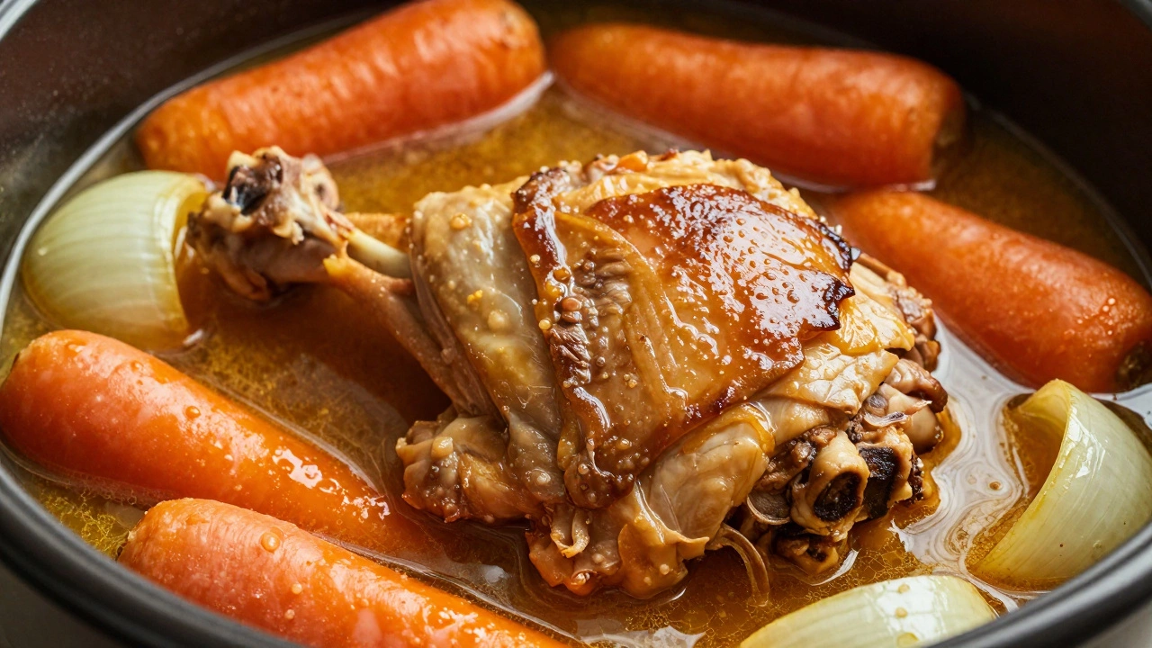 Tender chicken thighs and chunky vegetables simmering in a slow cooker