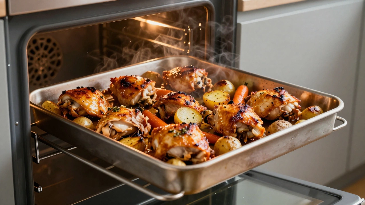 Two sheet pans of roasted chicken thighs with baby potatoes and carrots coming out of the oven.