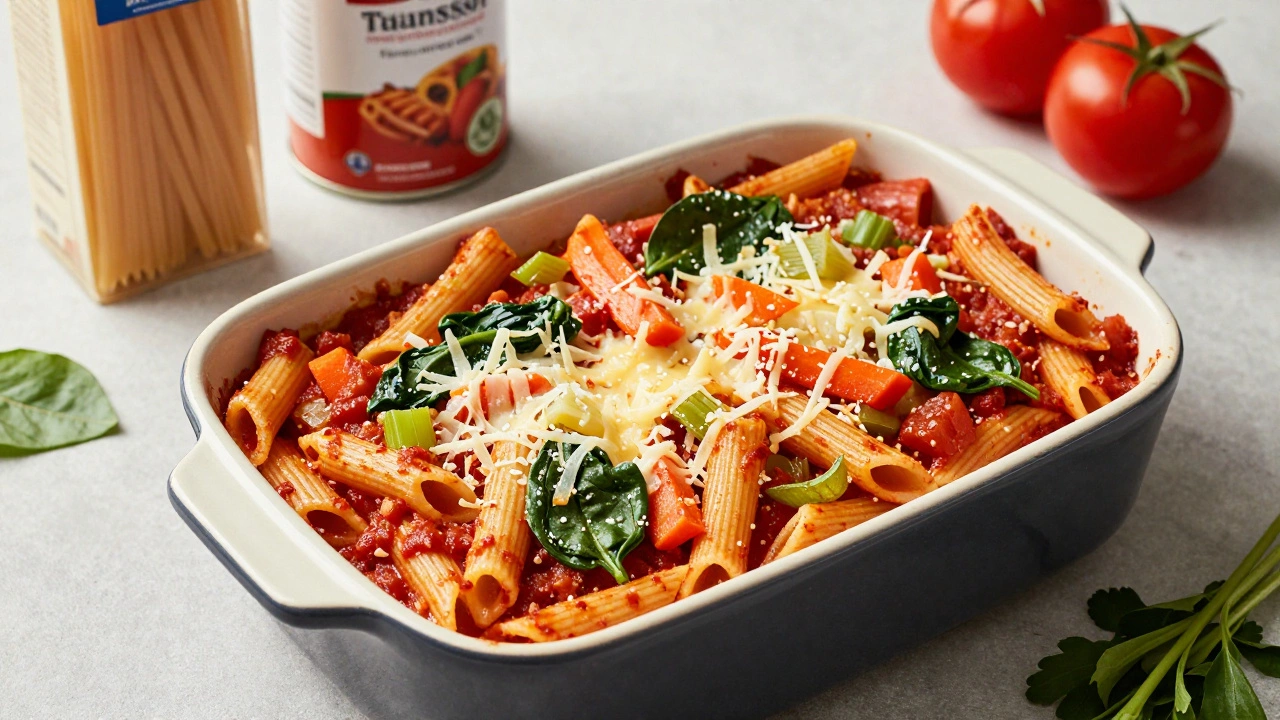 Baked vegetable pasta dish with tomato sauce and cheese in a ceramic baking dish.