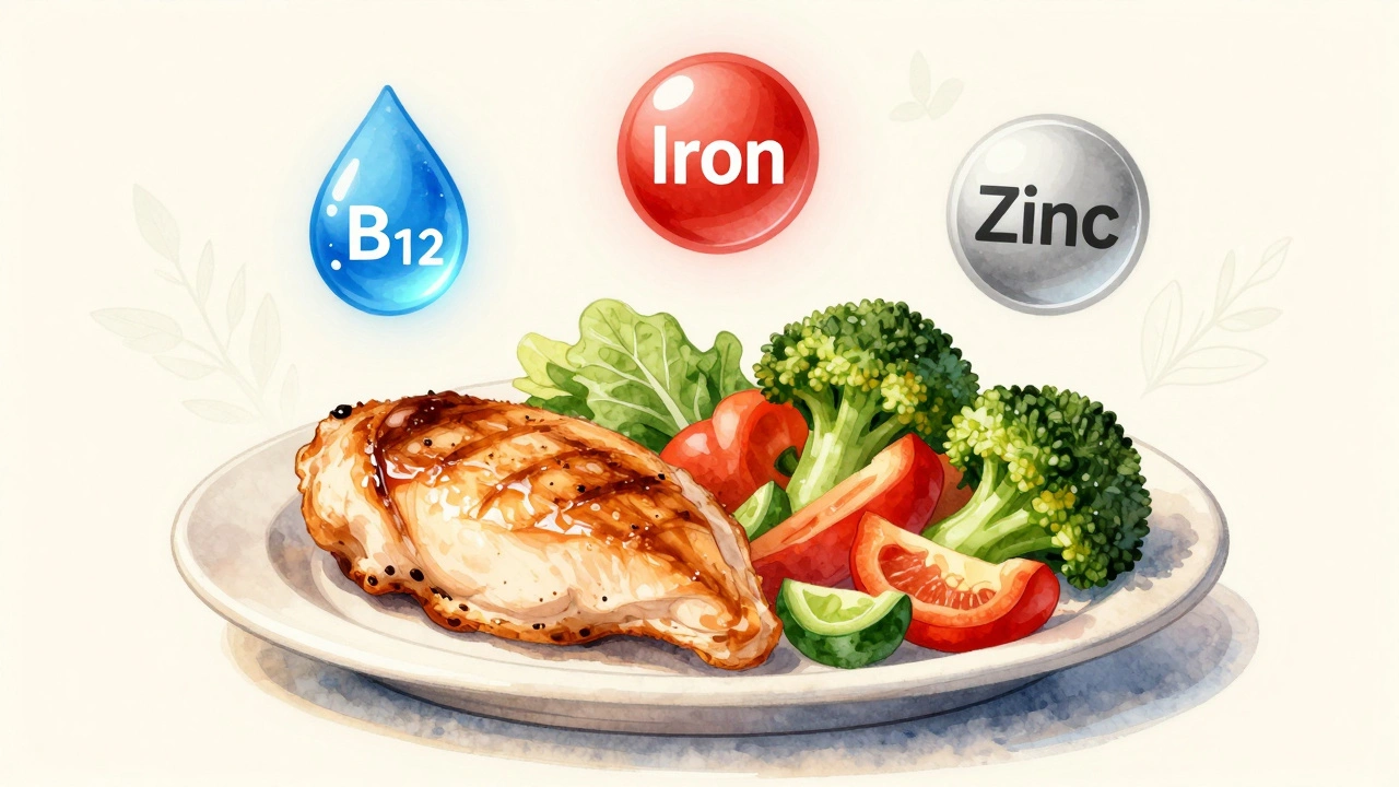 Balanced meal with chicken, vegetables, and nutrient icons