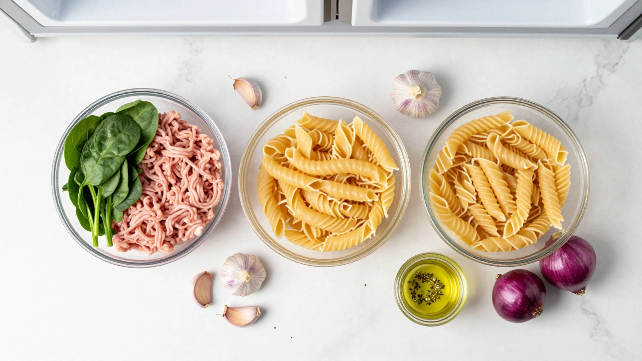 Bowl of pasta, turkey, and spinach on a kitchen counter