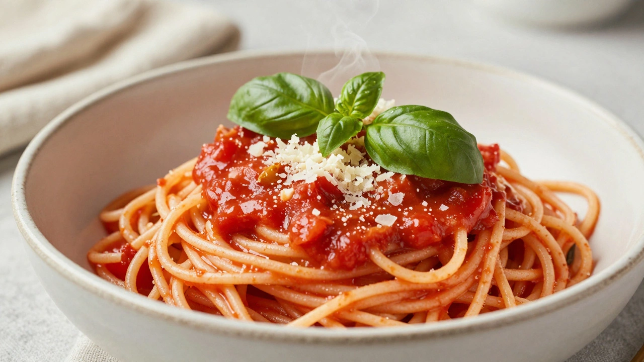 Bowl of spaghetti in creamy tomato sauce garnished with basil